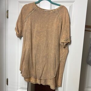 Zenana Outfitters Distressed Tan Short Sleeve Top